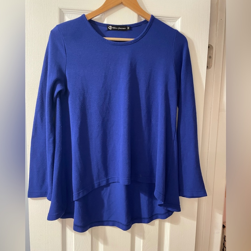Womens medium blue long sleeve shirt top blouse high low knit sweater